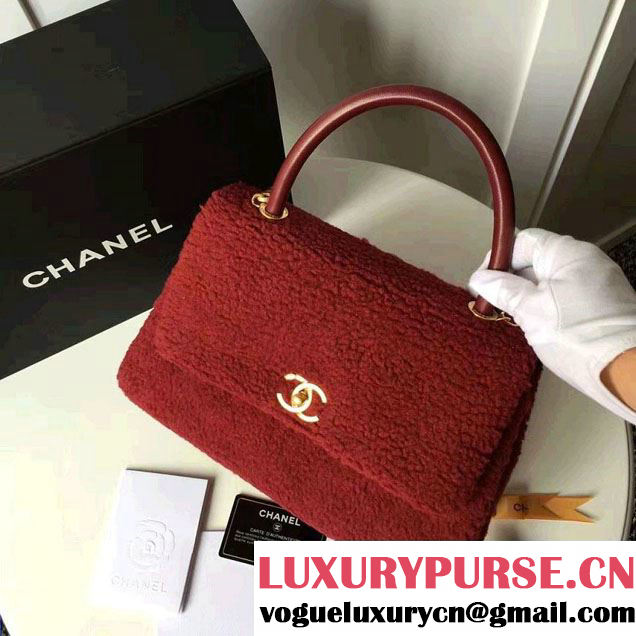Chanel Shearling Sheepskin Coco Top Handle Flap Bag A92991 Red 2016