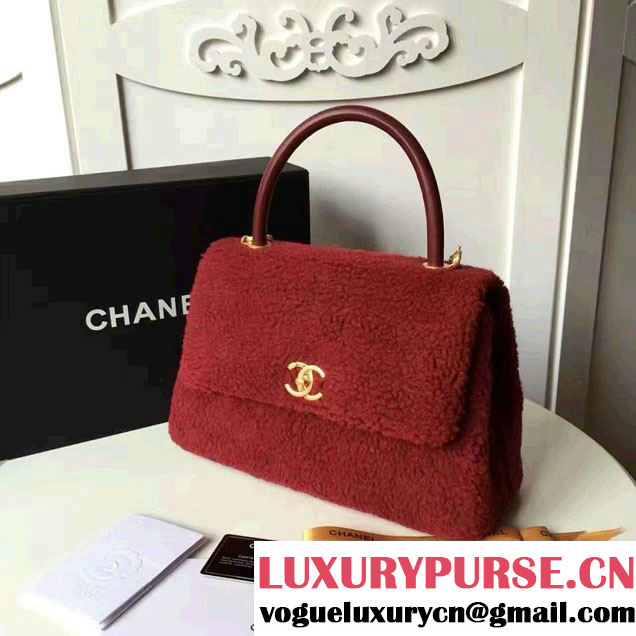 Chanel Shearling Sheepskin Coco Top Handle Flap Bag A92991 Red 2016