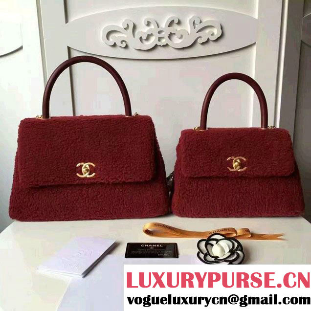 Chanel Shearling Sheepskin Coco Top Handle Flap Bag A92991 Red 2016