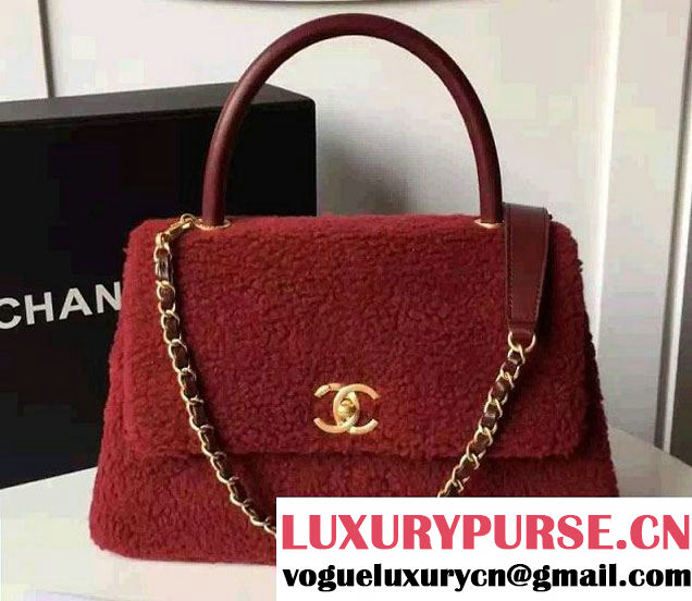 Chanel Shearling Sheepskin Coco Top Handle Flap Bag A92991 Red 2016