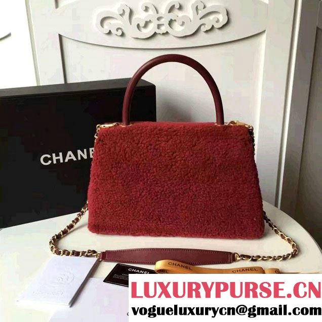 Chanel Shearling Sheepskin Coco Top Handle Flap Bag A92991 Red 2016