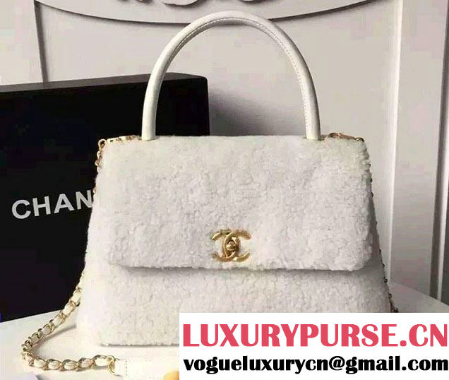 Chanel Shearling Sheepskin Coco Top Handle Flap Bag A92991 White 2016