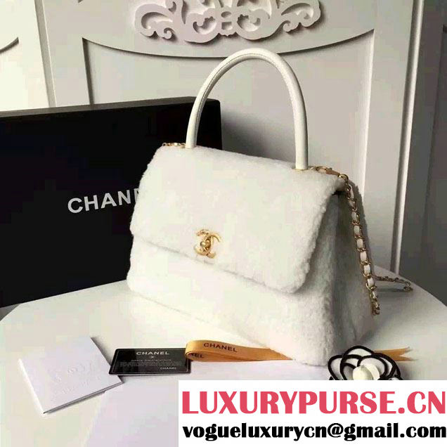 Chanel Shearling Sheepskin Coco Top Handle Flap Bag A92991 White 2016