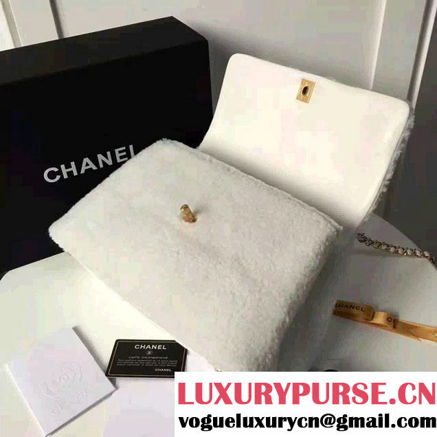 Chanel Shearling Sheepskin Coco Top Handle Flap Bag A92991 White 2016