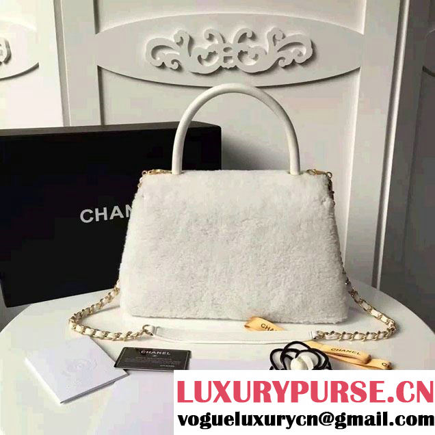 Chanel Shearling Sheepskin Coco Top Handle Flap Bag A92991 White 2016