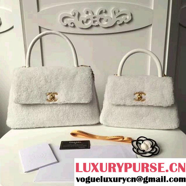 Chanel Shearling Sheepskin Coco Top Handle Flap Bag A92991 White 2016