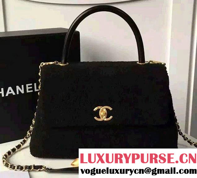 Chanel Shearling Sheepskin Coco Top Handle Flap Bag A92991 Black 2016
