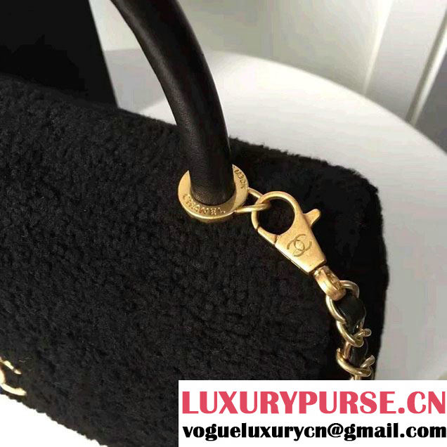 Chanel Shearling Sheepskin Coco Top Handle Flap Bag A92991 Black 2016