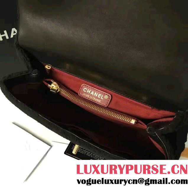 Chanel Shearling Sheepskin Coco Top Handle Flap Bag A92991 Black 2016