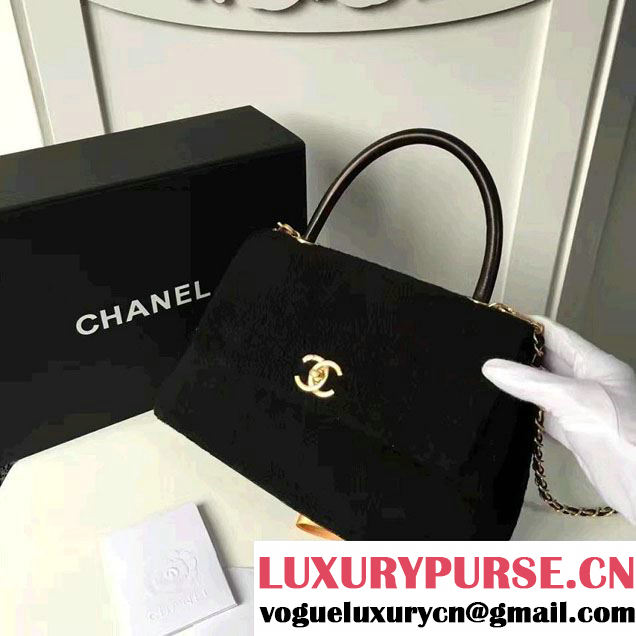 Chanel Shearling Sheepskin Coco Top Handle Flap Bag A92991 Black 2016