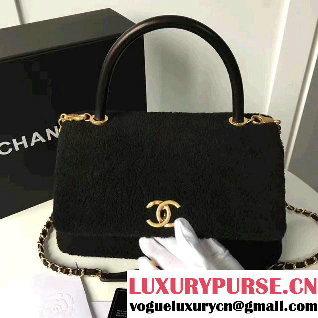 Chanel Shearling Sheepskin Coco Top Handle Flap Bag A92991 Black 2016