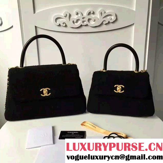 Chanel Shearling Sheepskin Coco Top Handle Flap Bag A92991 Black 2016