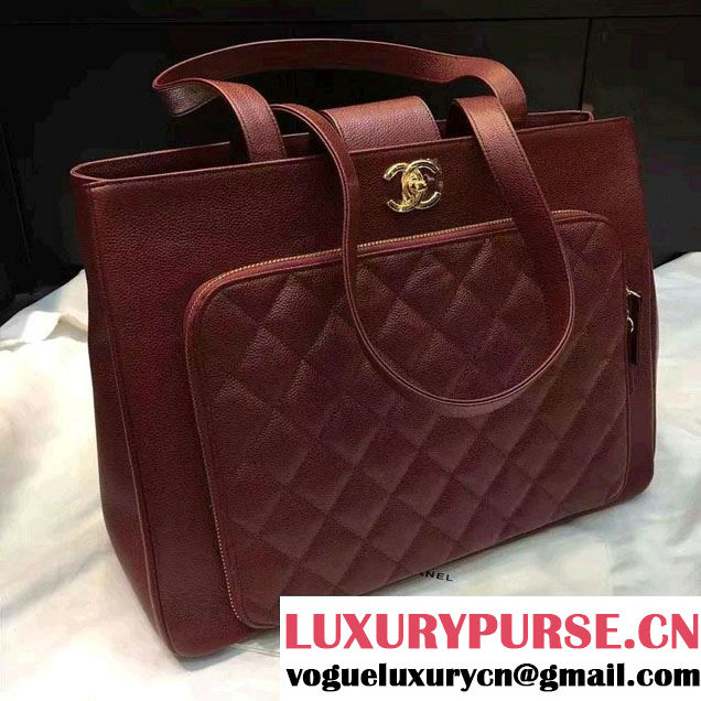 Chanel Cavair Calfskin Front Zipped Pocket Large Shopping Bag Date Red 2016