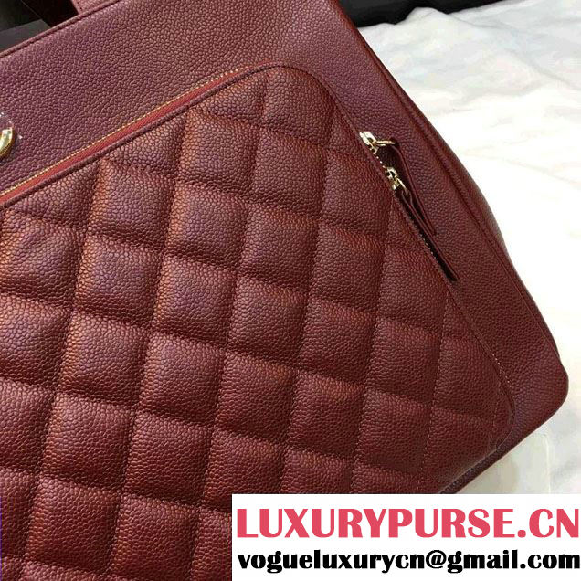 Chanel Cavair Calfskin Front Zipped Pocket Large Shopping Bag Date Red 2016