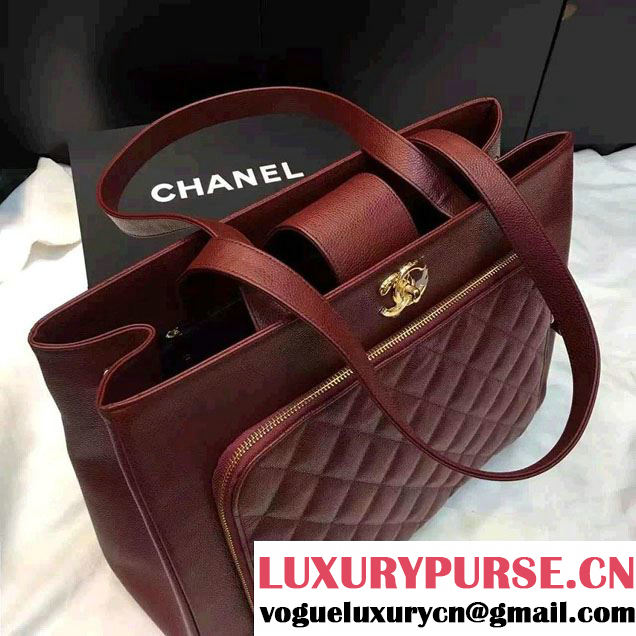 Chanel Cavair Calfskin Front Zipped Pocket Large Shopping Bag Date Red 2016
