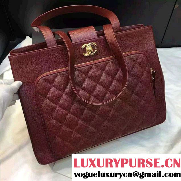 Chanel Cavair Calfskin Front Zipped Pocket Large Shopping Bag Date Red 2016