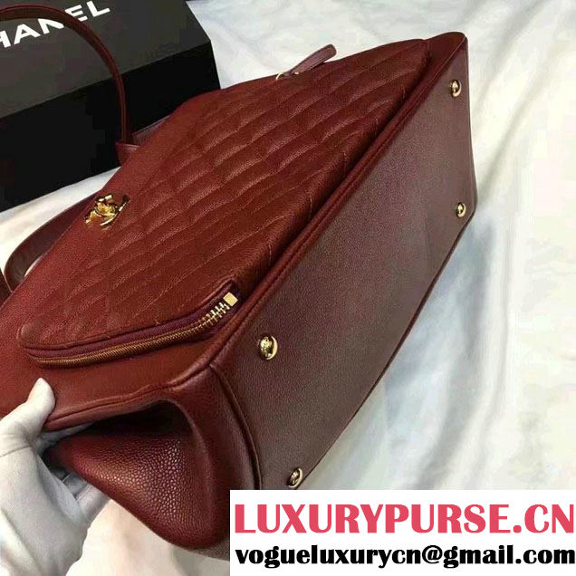 Chanel Cavair Calfskin Front Zipped Pocket Large Shopping Bag Date Red 2016