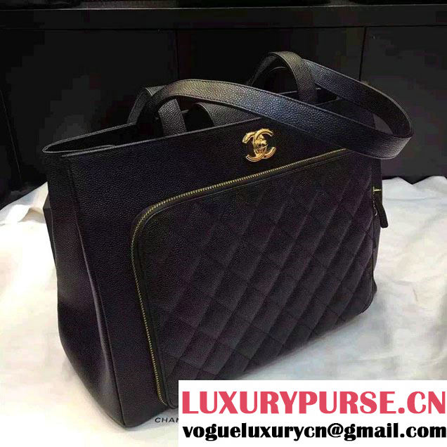Chanel Cavair Calfskin Front Zipped Pocket Large Shopping Bag Black 2016