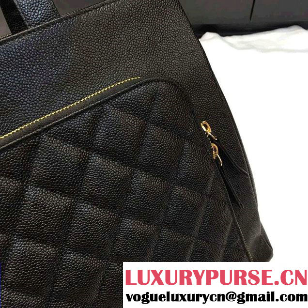 Chanel Cavair Calfskin Front Zipped Pocket Large Shopping Bag Black 2016