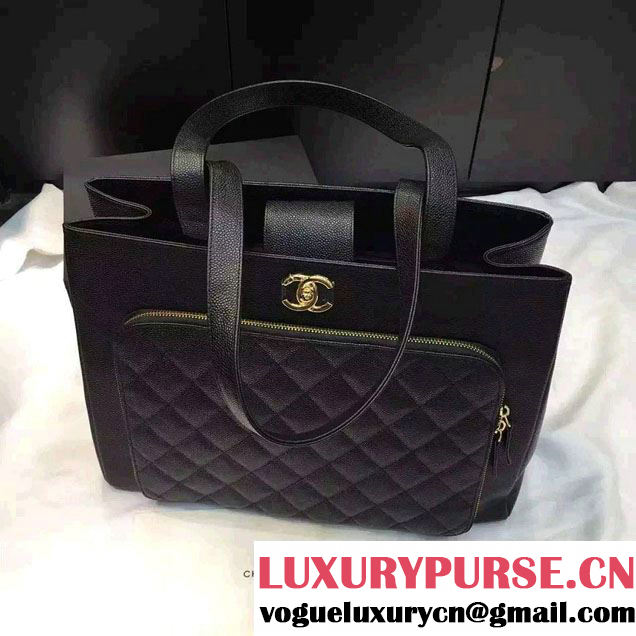 Chanel Cavair Calfskin Front Zipped Pocket Large Shopping Bag Black 2016