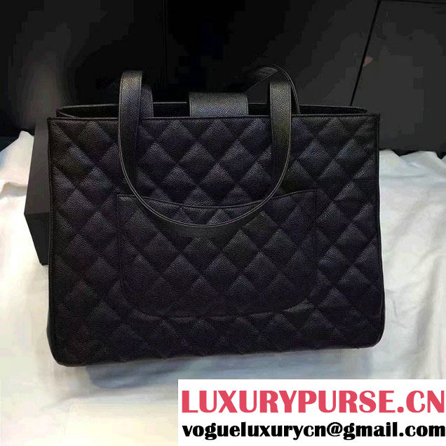Chanel Cavair Calfskin Front Zipped Pocket Large Shopping Bag Black 2016