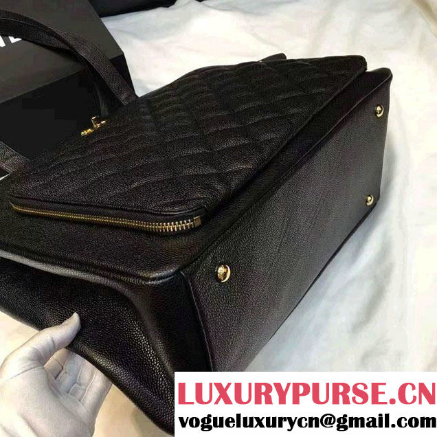 Chanel Cavair Calfskin Front Zipped Pocket Large Shopping Bag Black 2016