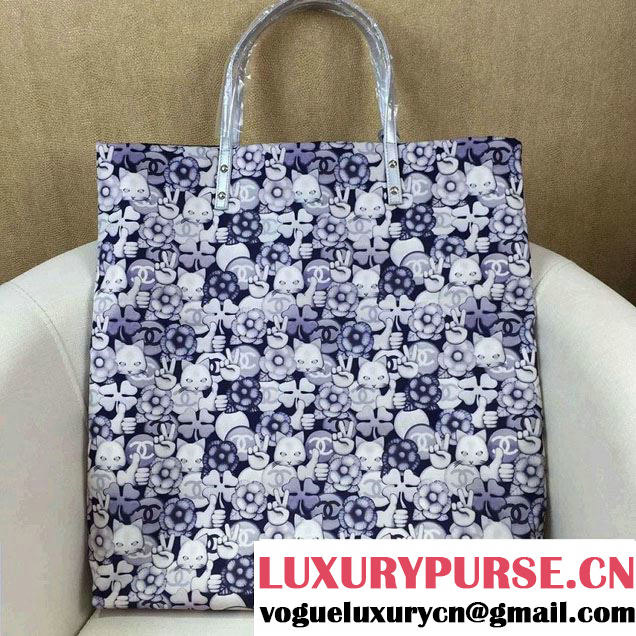 Chanel Emoticon Printed Fabric Shopping Large Shopping Bag A69926 Silver 2016