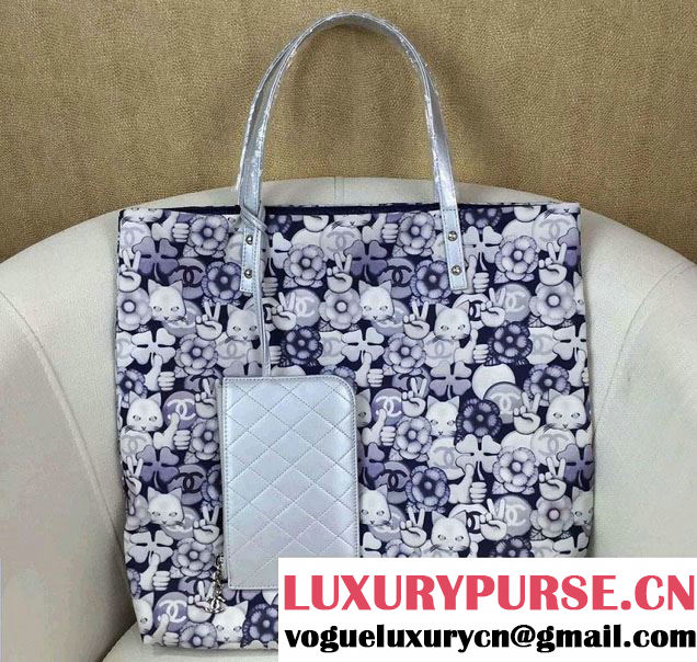 Chanel Emoticon Printed Fabric Shopping Small Shopping Bag A69928 Silver 2016
