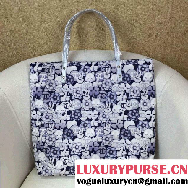 Chanel Emoticon Printed Fabric Shopping Small Shopping Bag A69928 Silver 2016