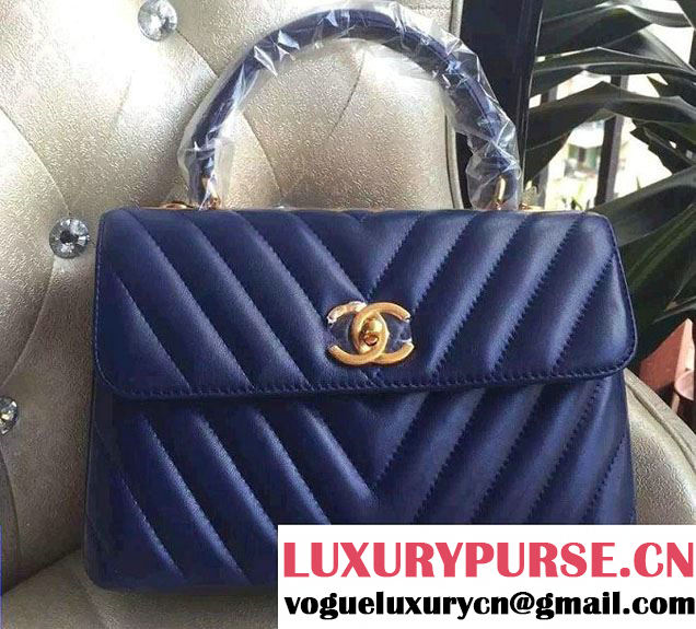 Chanel Lambskin Chevron Trendy CC Small Flap Top Handle Bag A92236 Royal Blue 2016