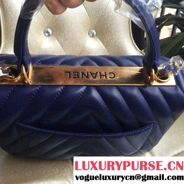Chanel Lambskin Chevron Trendy CC Small Flap Top Handle Bag A92236 Royal Blue 2016