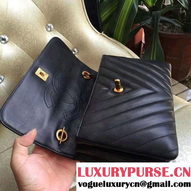Chanel Lambskin Chevron Trendy CC Small Flap Top Handle Bag A92236 Black/Gold 2016