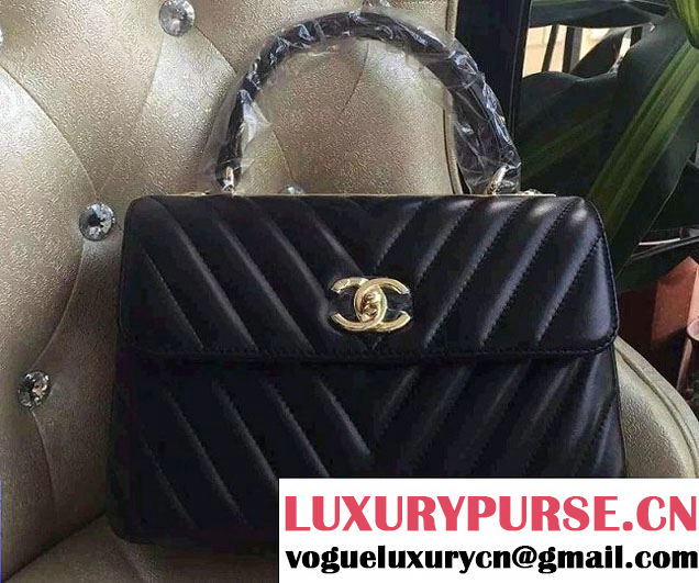 Chanel Lambskin Chevron Trendy CC Small Flap Top Handle Bag A92236 Black/Shine Gold 2016