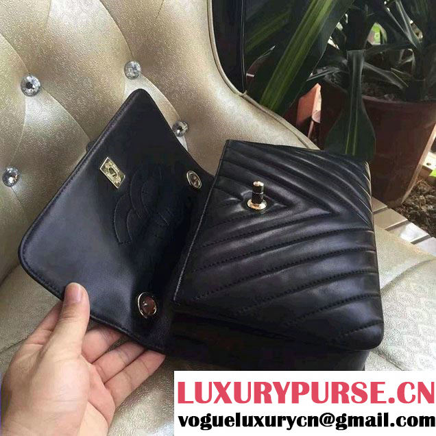 Chanel Lambskin Chevron Trendy CC Small Flap Top Handle Bag A92236 Black/Shine Gold 2016