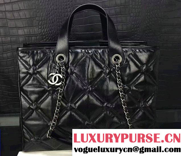 Chanel Calfskin Quilted Chesterfield Large Shopping Bag A93605 Black 2016