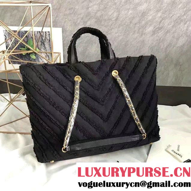 Chanel Canvas Chevron Patchwork Large Shopping Bag A93715 Black 2017