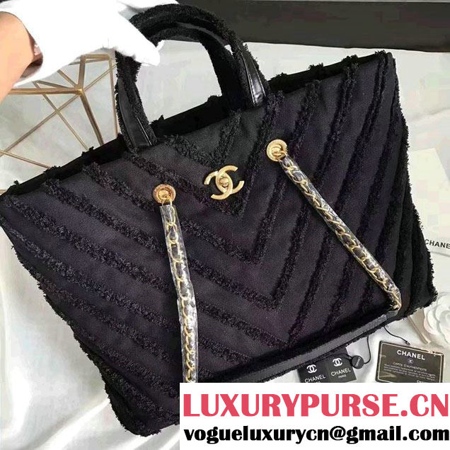 Chanel Canvas Chevron Patchwork Large Shopping Bag A93715 Black 2017