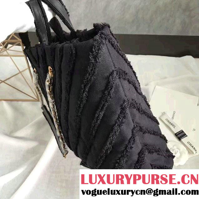 Chanel Canvas Chevron Patchwork Large Shopping Bag A93715 Black 2017