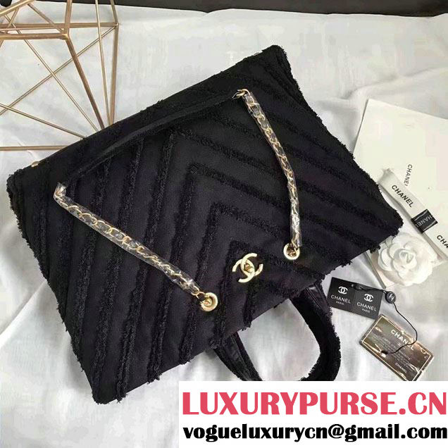 Chanel Canvas Chevron Patchwork Large Shopping Bag A93715 Black 2017