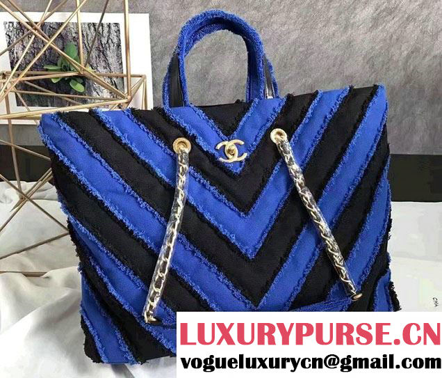 Chanel Canvas Chevron Patchwork Large Shopping Bag A93715 Blue 2017