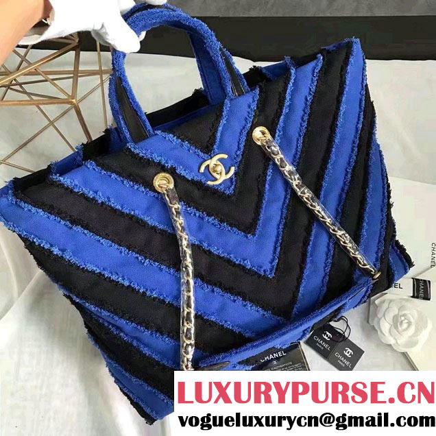 Chanel Canvas Chevron Patchwork Large Shopping Bag A93715 Blue 2017