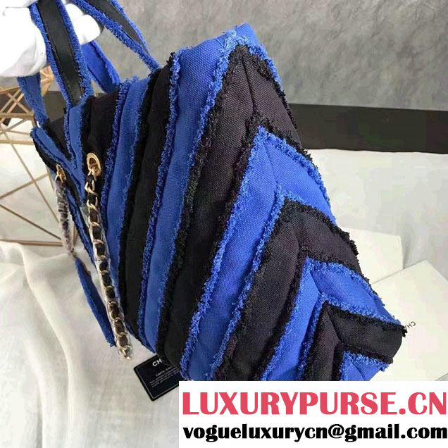 Chanel Canvas Chevron Patchwork Large Shopping Bag A93715 Blue 2017