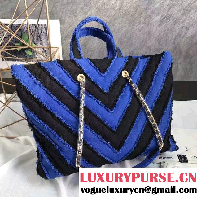 Chanel Canvas Chevron Patchwork Large Shopping Bag A93715 Blue 2017