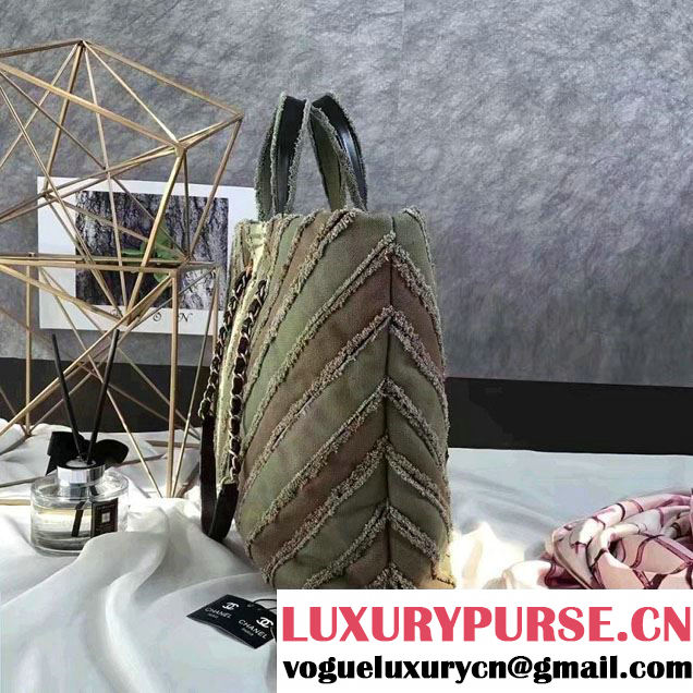Chanel Canvas Chevron Patchwork Large Shopping Bag A93715 Army Green 2017