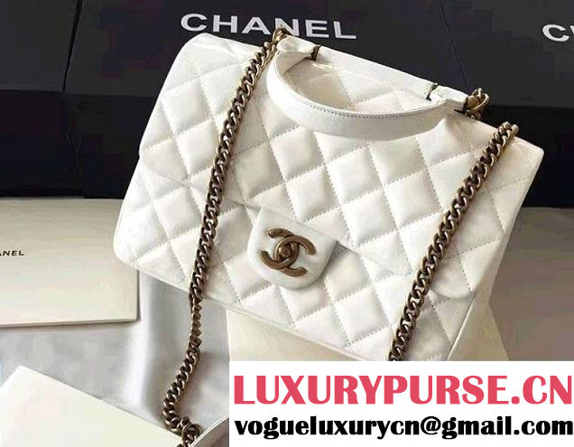 Chanel Calfskin/Gold Metal Top Handle Medium Flap Bag A93424 White 2016