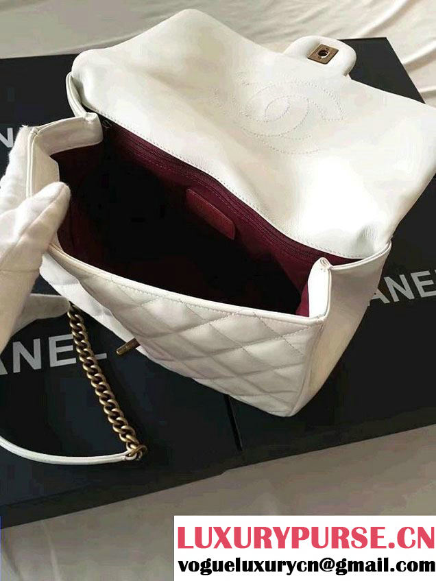 Chanel Calfskin/Gold Metal Top Handle Medium Flap Bag A93424 White 2016