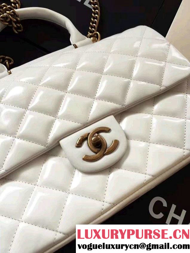 Chanel Calfskin/Gold Metal Top Handle Medium Flap Bag A93424 White 2016