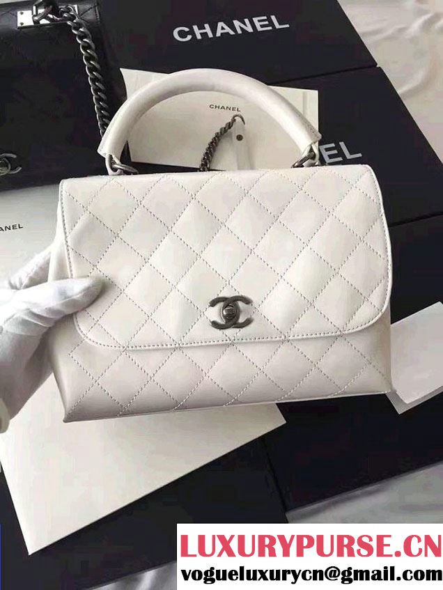 Chanel Quilted Top Handle Flap Chain Shoulder Bag White 2017