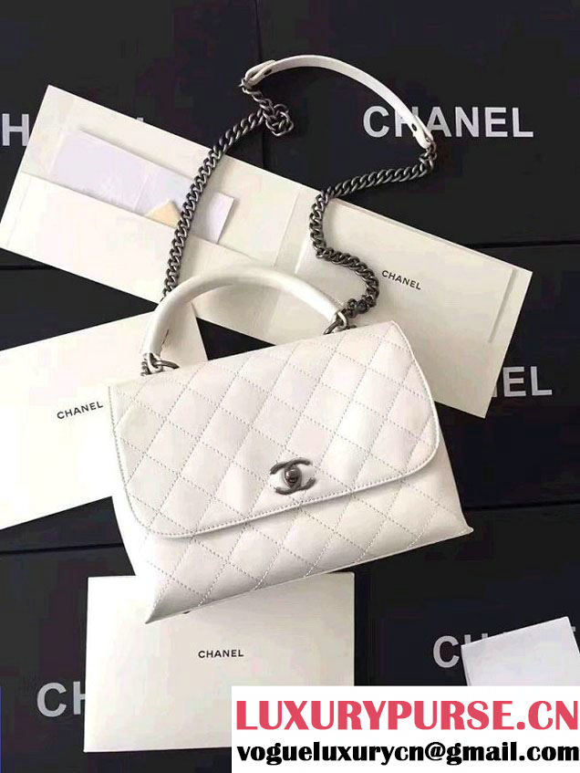Chanel Quilted Top Handle Flap Chain Shoulder Bag White 2017