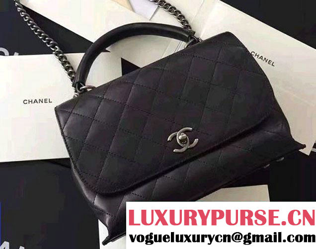 Chanel Quilted Top Handle Flap Chain Shoulder Bag Black 2017